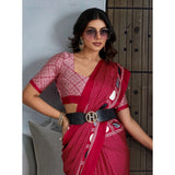 Women's Satin Crepe Printed Saree With Unstitched Blouse 5.5Mtr (Red)