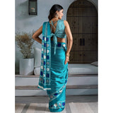 Women's Satin Crepe Printed Saree With Unstitched Blouse 5.5Mtr (Sky Blue)