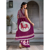 Women's Satin Crepe Printed Saree With Unstitched Blouse 5.5Mtr (Purple)