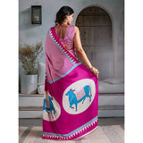 Women's Satin Crepe Printed Saree With Unstitched Blouse 5.5Mtr (Pink)