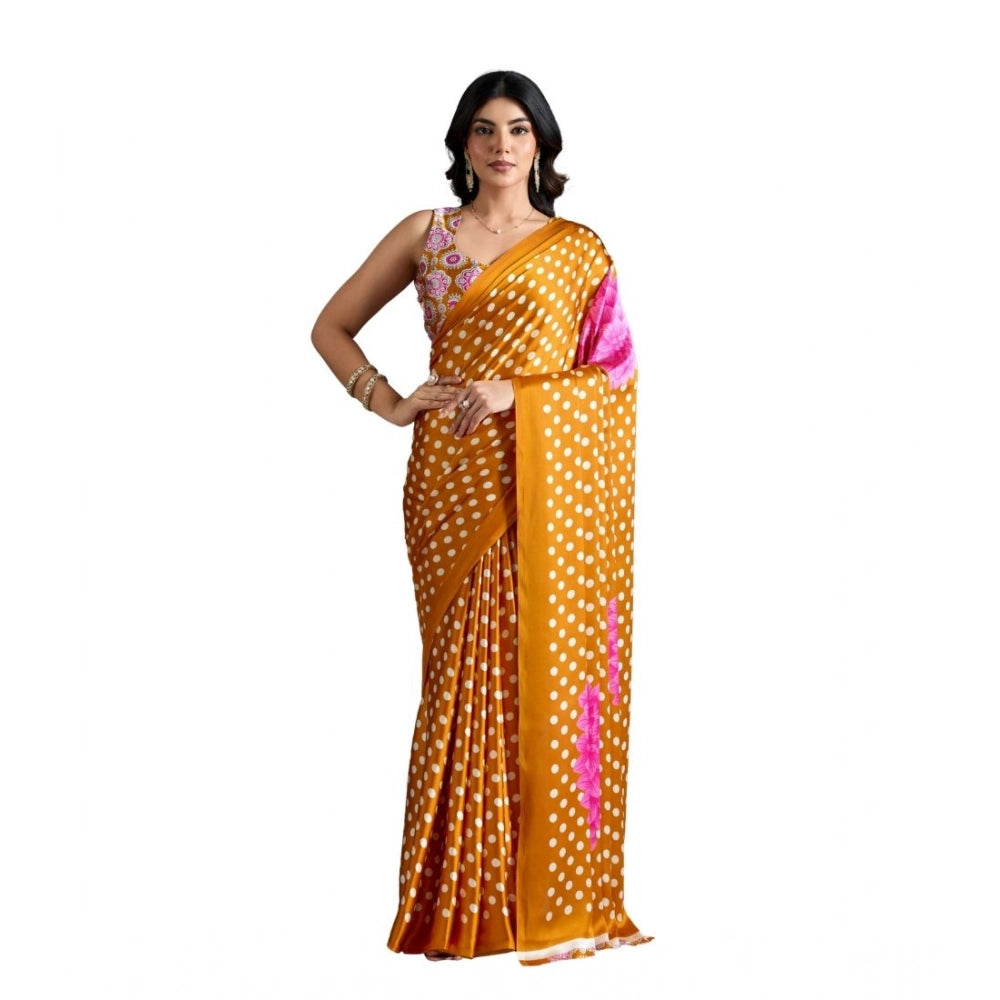 Women's Satin Crepe Printed Saree With Unstitched Blouse 5.5Mtr (Mustard)