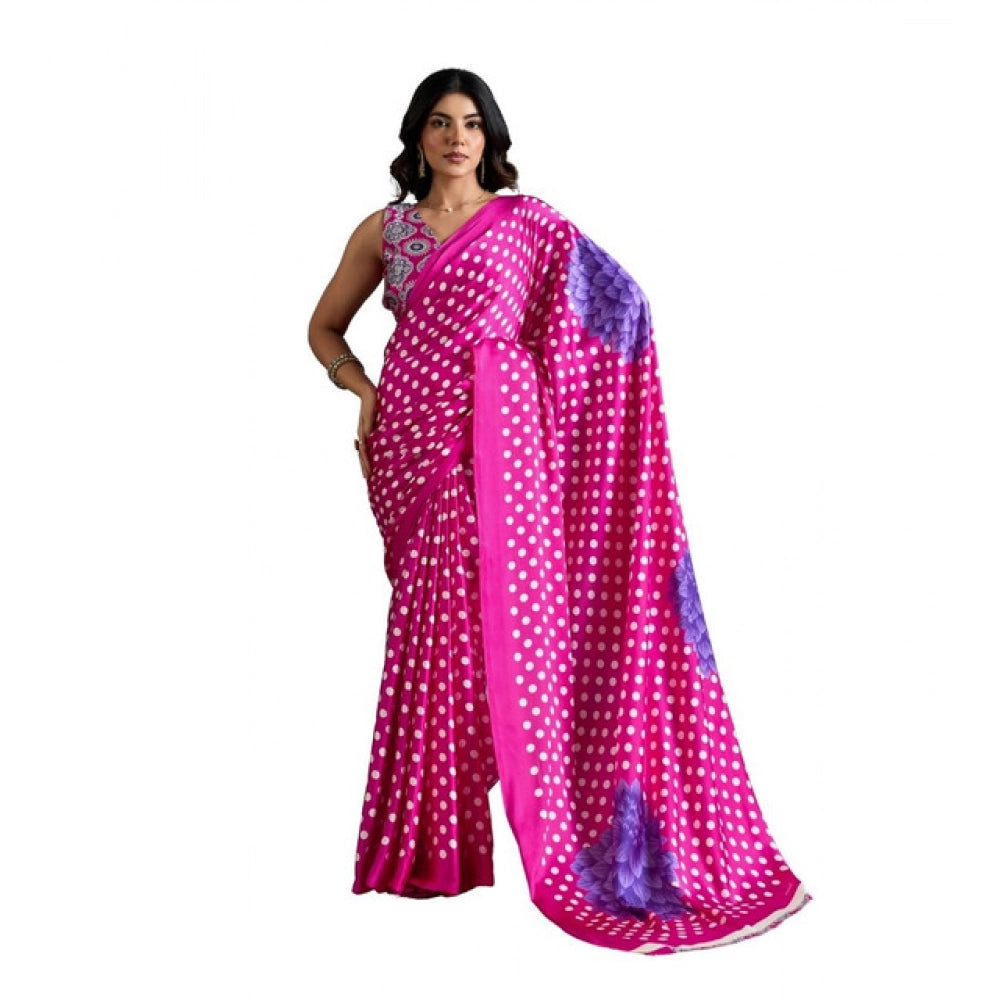 Women's Satin Crepe Printed Saree With Unstitched Blouse 5.5Mtr (Pink)
