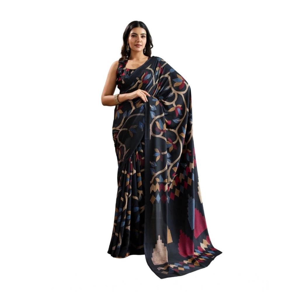 Women's Satin Crepe Printed Saree With Unstitched Blouse 5.5Mtr (Black)