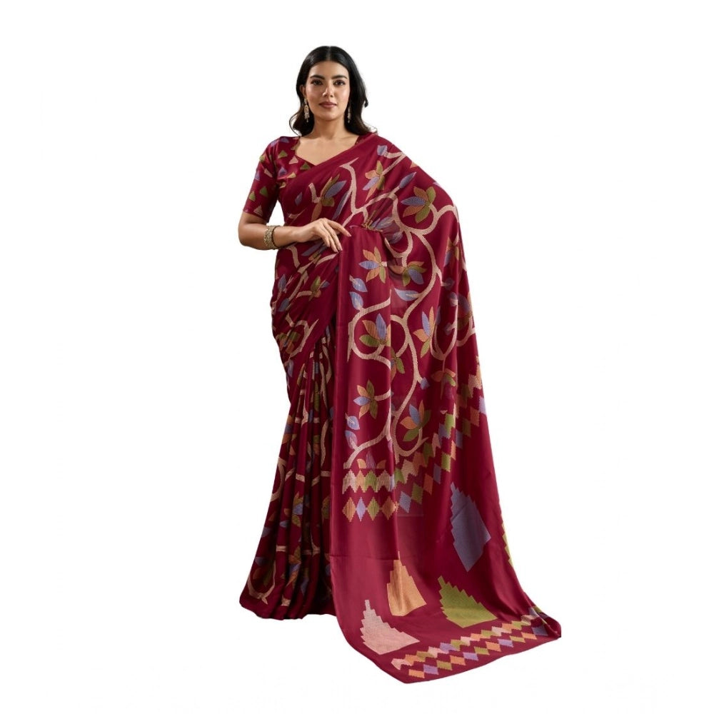 Women's Satin Crepe Printed Saree With Unstitched Blouse 5.5Mtr (Maroon)