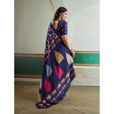 Women's Satin Crepe Printed Saree With Unstitched Blouse 5.5Mtr (Navy Blue)
