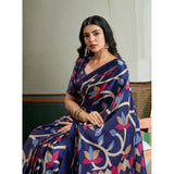 Women's Satin Crepe Printed Saree With Unstitched Blouse 5.5Mtr (Navy Blue)