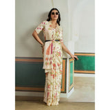 Women's Satin Crepe Printed Saree With Unstitched Blouse 5.5Mtr (Off White)