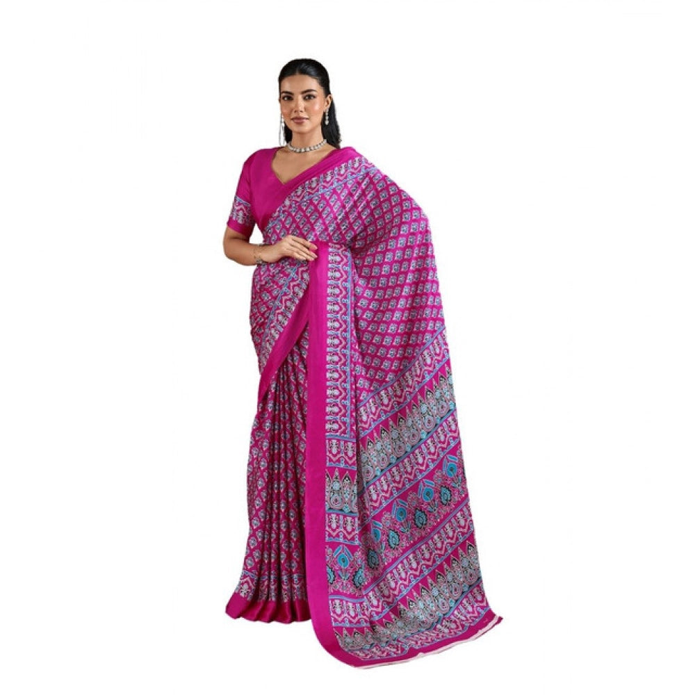 Women's Satin Crepe Printed Saree With Unstitched Blouse 5.5Mtr (Pink)