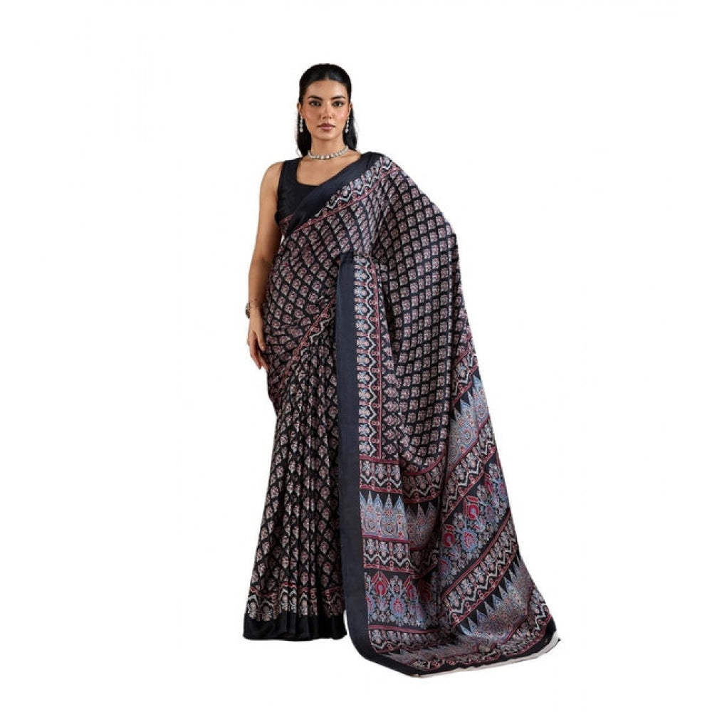 Women's Satin Crepe Printed Saree With Unstitched Blouse 5.5Mtr (Black)