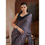 Women's Satin Crepe Printed Saree With Unstitched Blouse 5.5Mtr (Black)
