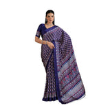 Women's Satin Crepe Printed Saree With Unstitched Blouse 5.5Mtr (Navy Blue)