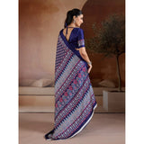 Women's Satin Crepe Printed Saree With Unstitched Blouse 5.5Mtr (Navy Blue)