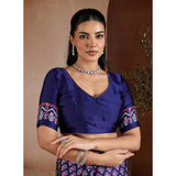 Women's Satin Crepe Printed Saree With Unstitched Blouse 5.5Mtr (Navy Blue)