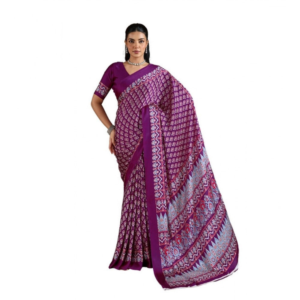 Women's Satin Crepe Printed Saree With Unstitched Blouse 5.5Mtr (Purple)