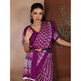 Women's Satin Crepe Printed Saree With Unstitched Blouse 5.5Mtr (Purple)