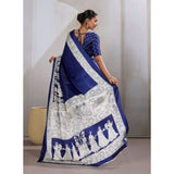 Women's Satin Crepe Printed Saree With Unstitched Blouse 5.5Mtr (Blue)