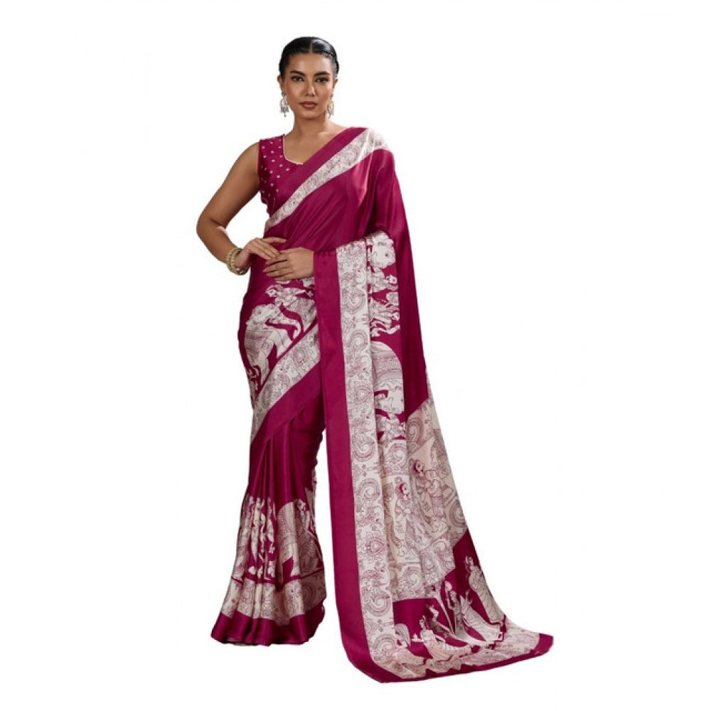 Women's Satin Crepe Printed Saree With Unstitched Blouse 5.5Mtr (Maroon)