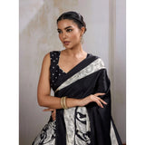 Women's Satin Crepe Printed Saree With Unstitched Blouse 5.5Mtr (Black)