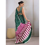 Women's Satin Crepe Printed Saree With Unstitched Blouse 5.5Mtr (Bottle Green)