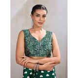 Women's Satin Crepe Printed Saree With Unstitched Blouse 5.5Mtr (Bottle Green)