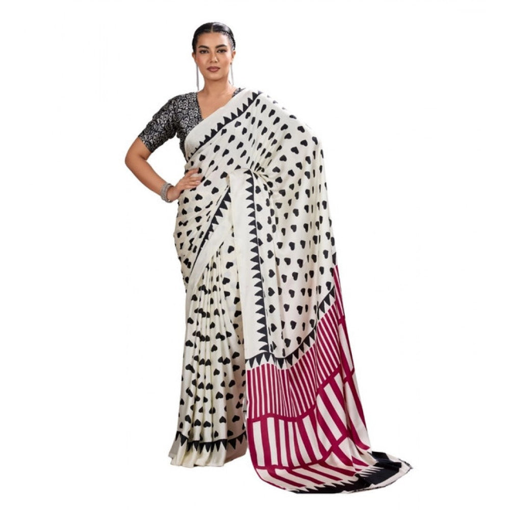 Women's Satin Crepe Printed Saree With Unstitched Blouse 5.5Mtr (White)