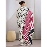 Women's Satin Crepe Printed Saree With Unstitched Blouse 5.5Mtr (White)