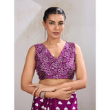 Women's Satin Crepe Printed Saree With Unstitched Blouse 5.5Mtr (Purple)