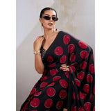 Women's Satin Crepe Printed Saree With Unstitched Blouse 5.5Mtr (Maroon)