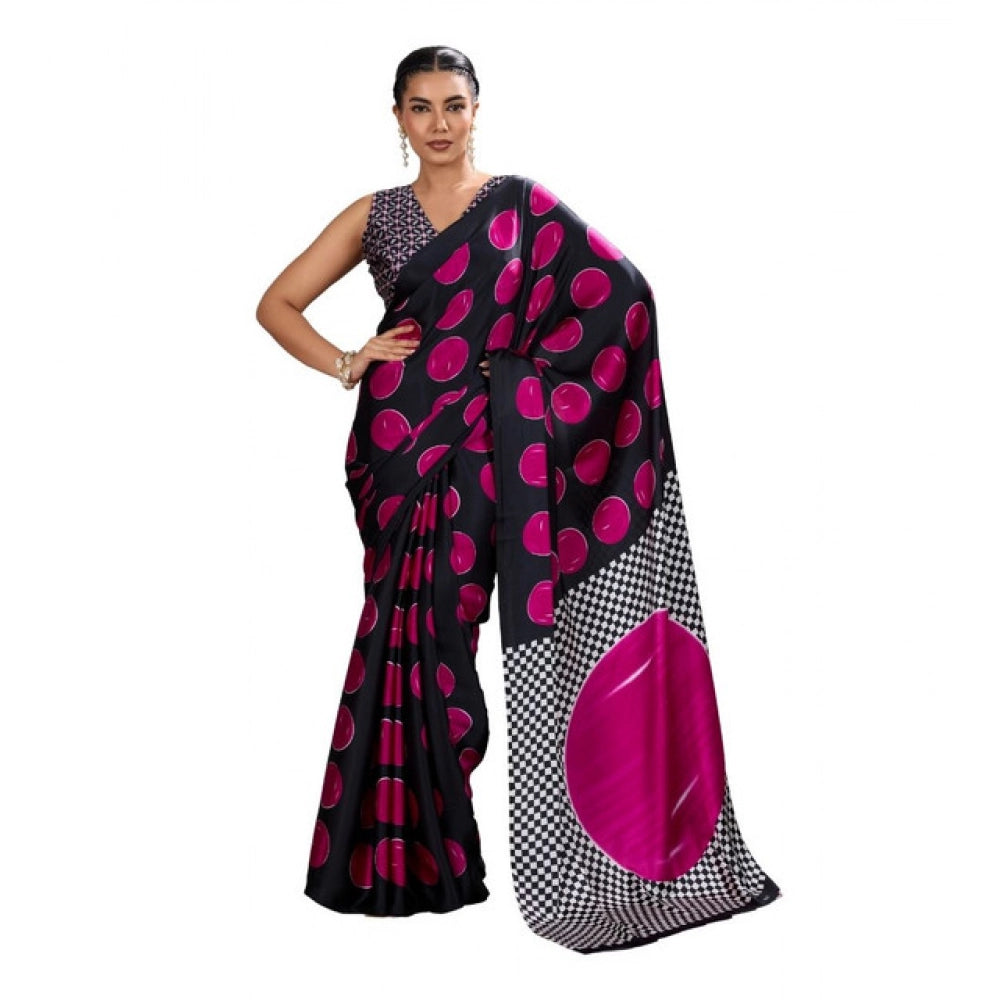Women's Satin Crepe Printed Saree With Unstitched Blouse 5.5Mtr (Pink)