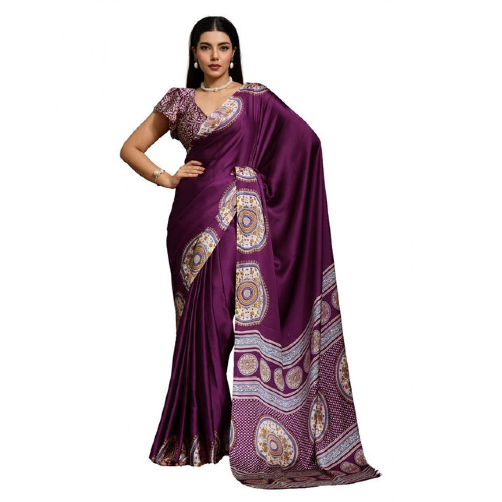 Women's Satin Crepe Printed Saree With Unstitched Blouse 5.5Mtr (Purple)