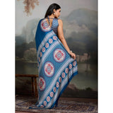 Women's Satin Crepe Printed Saree With Unstitched Blouse 5.5Mtr (Blue)