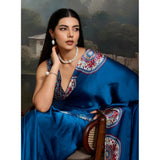 Women's Satin Crepe Printed Saree With Unstitched Blouse 5.5Mtr (Blue)