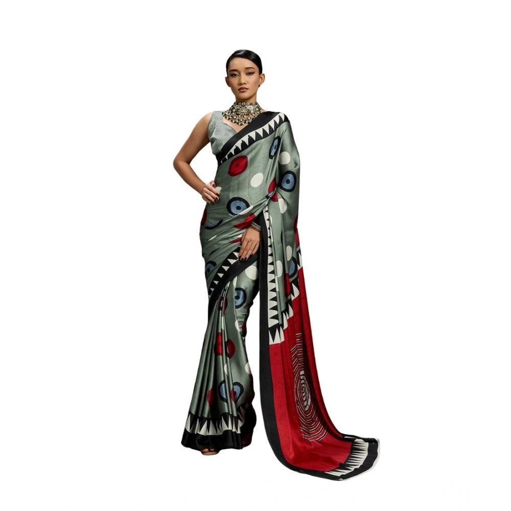 Women's Satin Crepe Printed Saree With Unstitched Blouse 5.5Mtr (Multicolor)