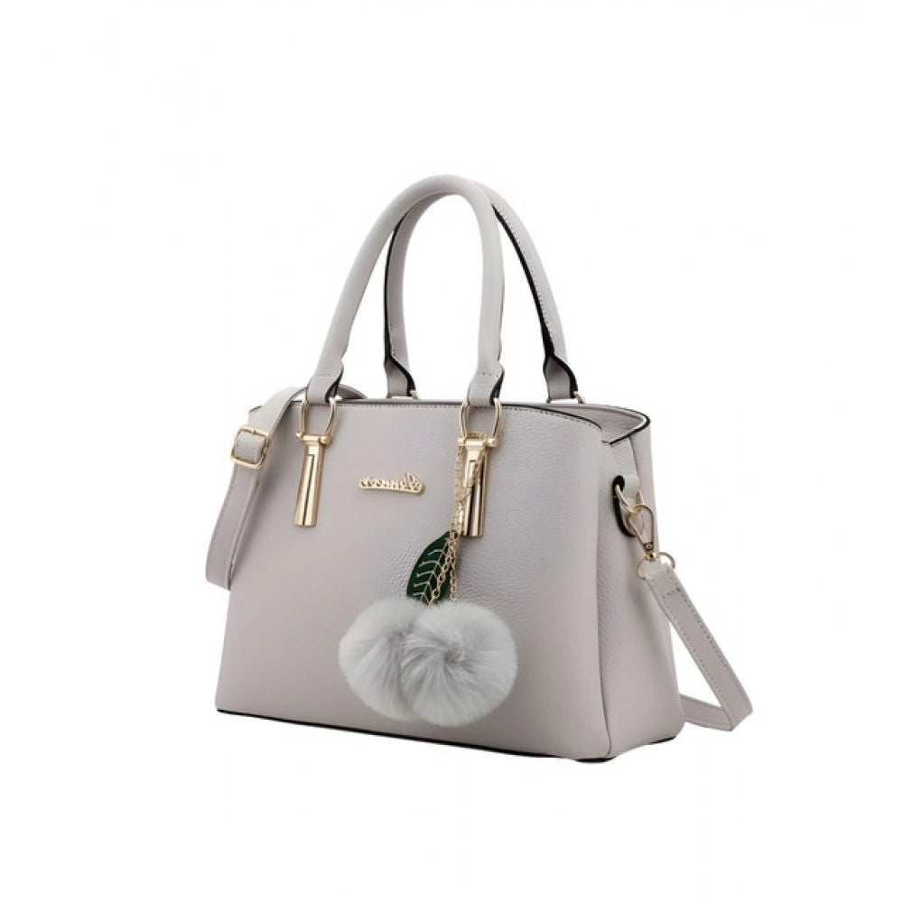 Grey PU leather solid shoulder zipper handbag with adjustable-removable strap and dual handles, inner polyester lining