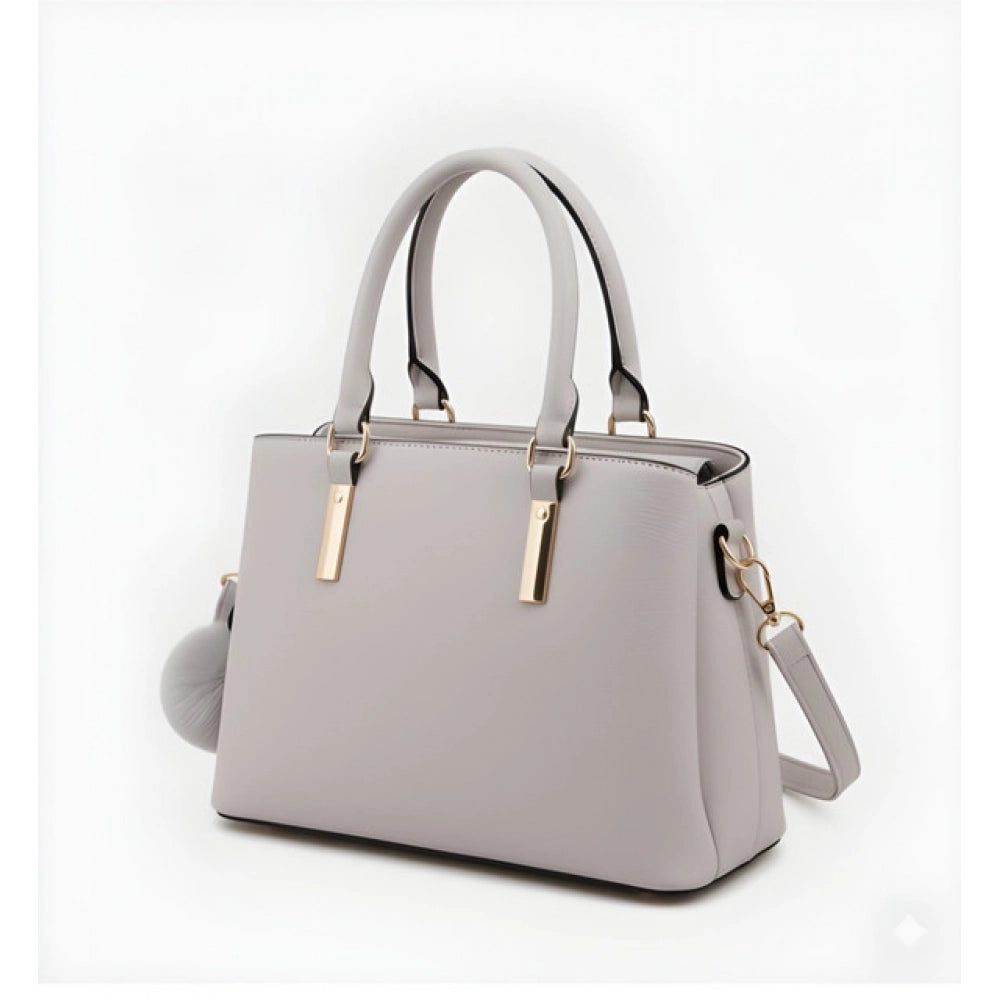 Grey PU Leather Solid Shoulder Handbag with adjustable strap and zipper closure, dual handle design