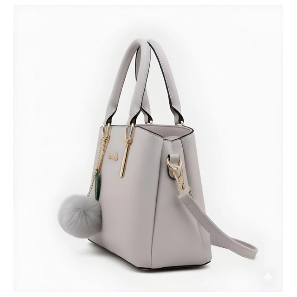 Grey PU leather handbag with 2 compartments, adjustable-removable strap, and zipper closure