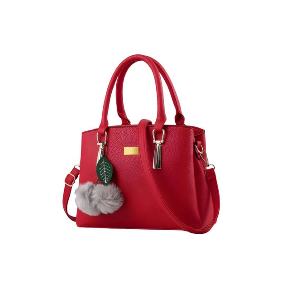 Red PU Leather Solid Shoulder Handbag with 3 compartments, polyester lining, adjustable-removable strap, and zipper closure