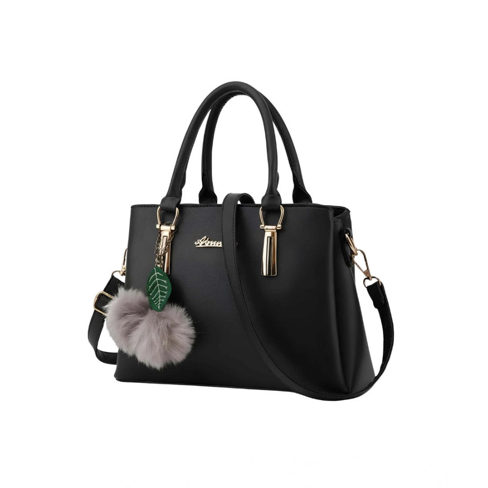 Black PU leather solid shoulder handbag with adjustable-removable strap, inner polyester lining, and zipper closure