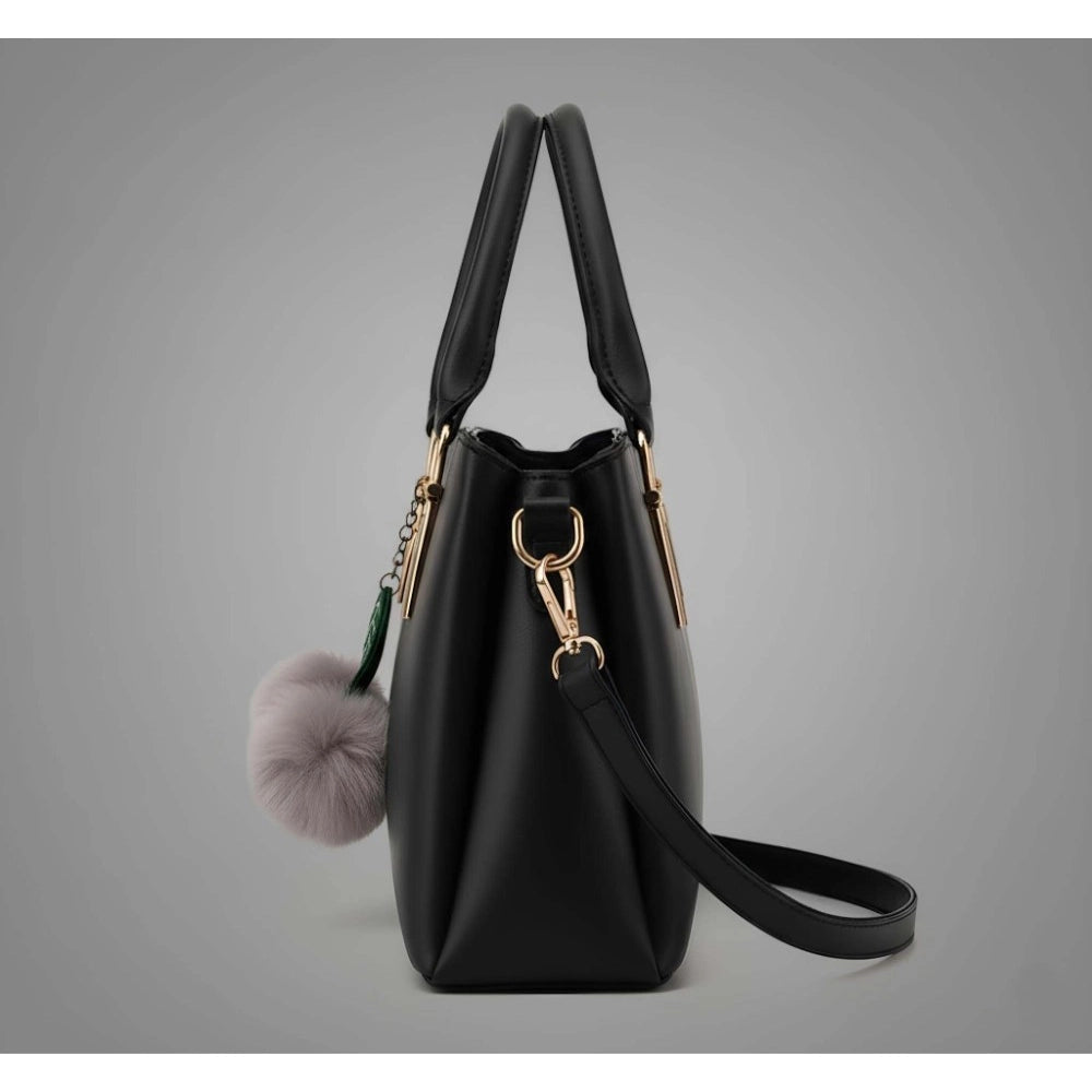 Black PU leather shoulder handbag with 3 compartments, polyester lining, adjustable & removable strap, and zipper closure