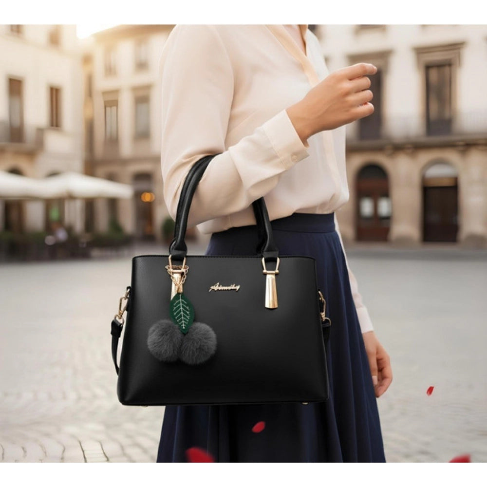 Black PU Leather Solid Shoulder Handbag with 3 compartments, polyester lining, adjustable-removable strap, and zipper closure