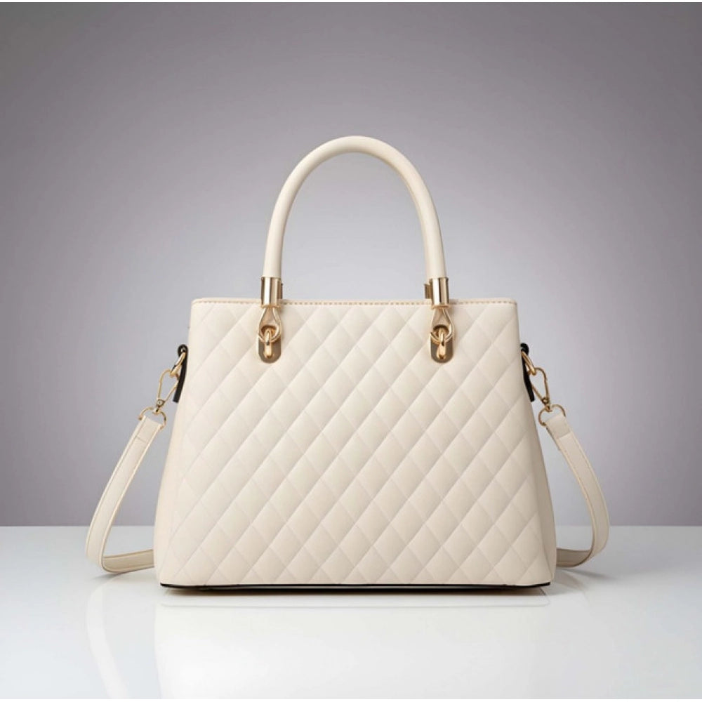 Cream PU leather handbag with adjustable strap and zipper closure, dual handle design