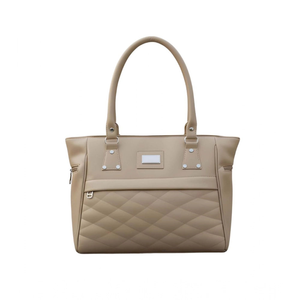 Beige PU leather handbag for women, 4 compartments, adjustable strap, dual handles & zipper closure