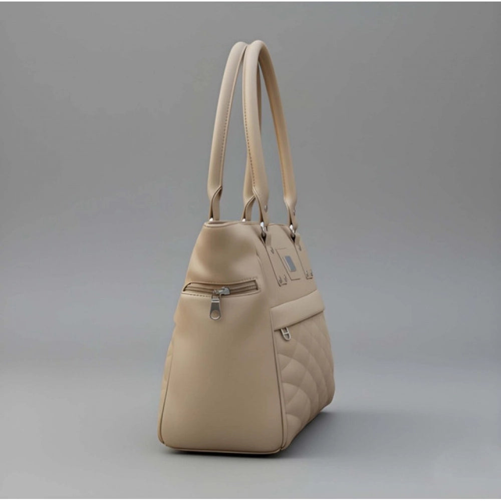 Beige PU leather shoulder handbag with adjustable strap, zipper closure, and dual handle. Polyester lining, 4 compartments design