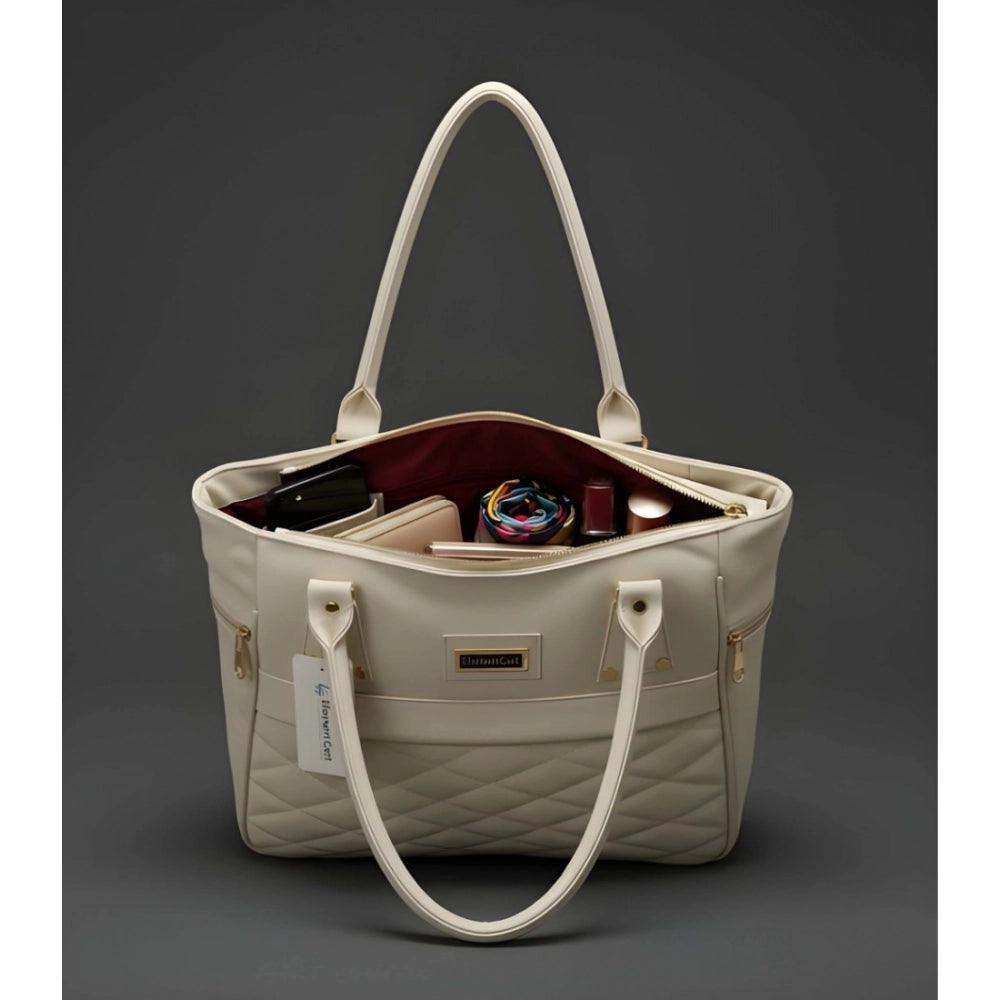 Cream PU Leather handbag with 4 compartments, polyester lining, adjustable strap, and zipper closure