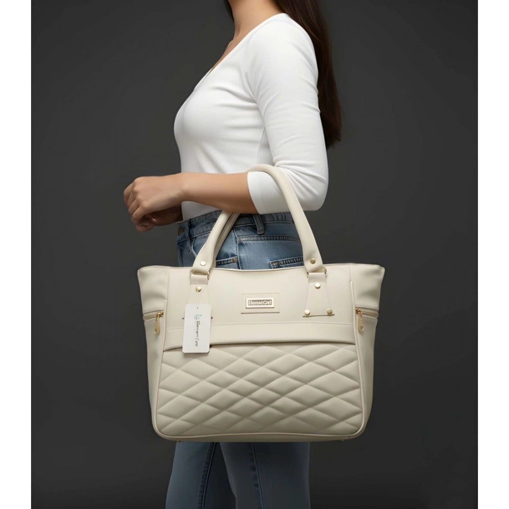 Cream PU leather shoulder handbag with four compartments, adjustable strap, and zipper closure