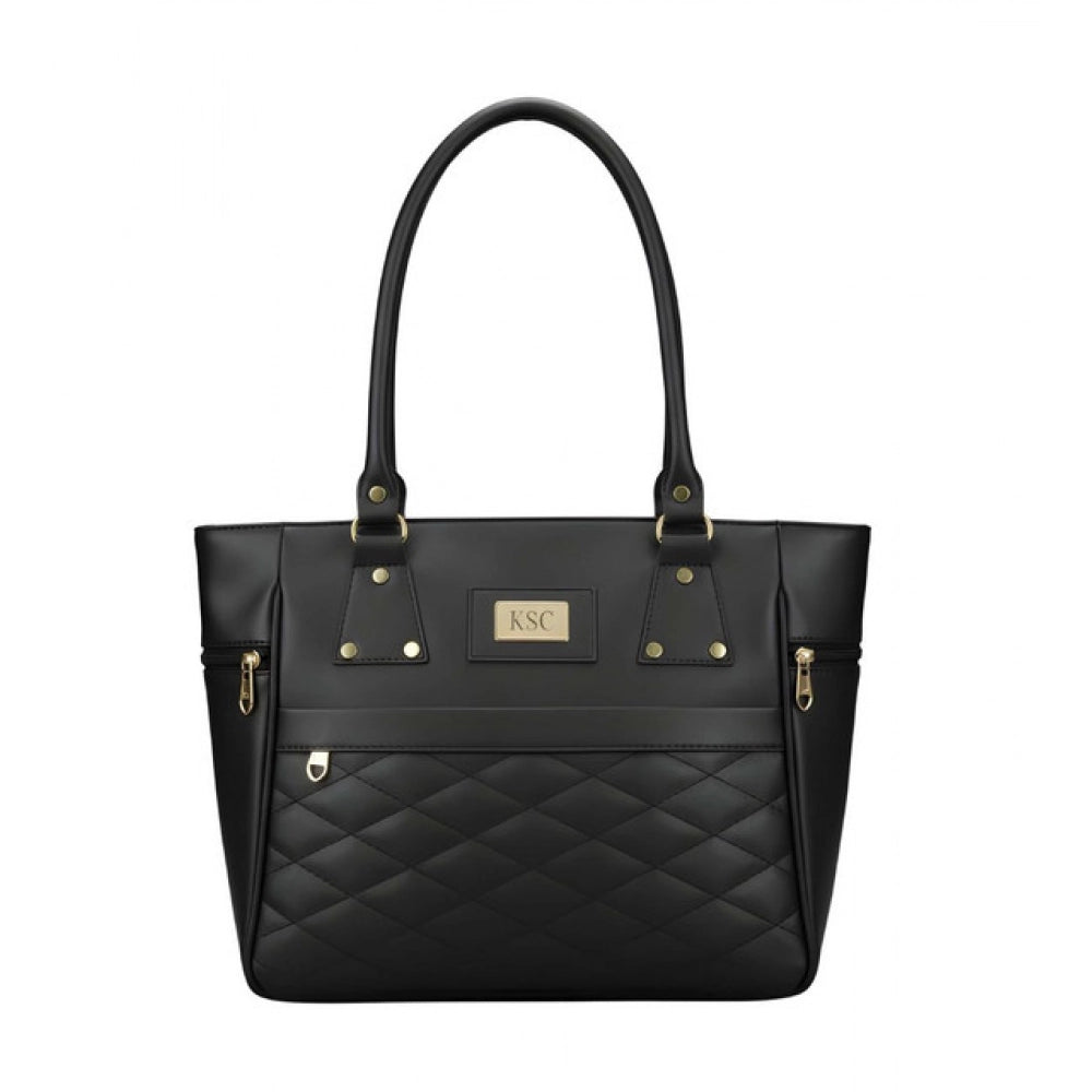 Black PU leather solid shoulder handbag with adjustable strap and zipper closure, featuring 4 compartments and polyester lining
