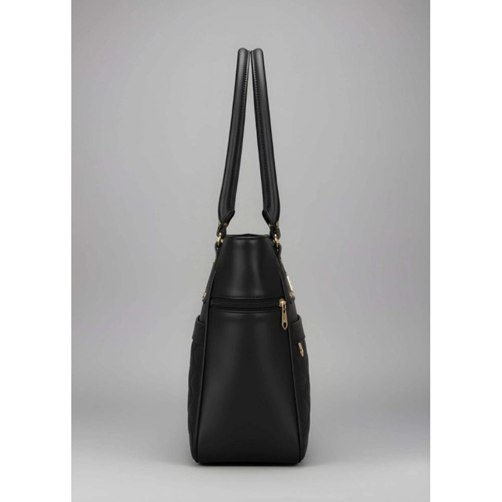 Black PU leather solid shoulder handbag with 4 compartments, adjustable strap, and zipper closure