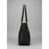 Black PU leather solid shoulder handbag with 4 compartments, adjustable strap, and zipper closure