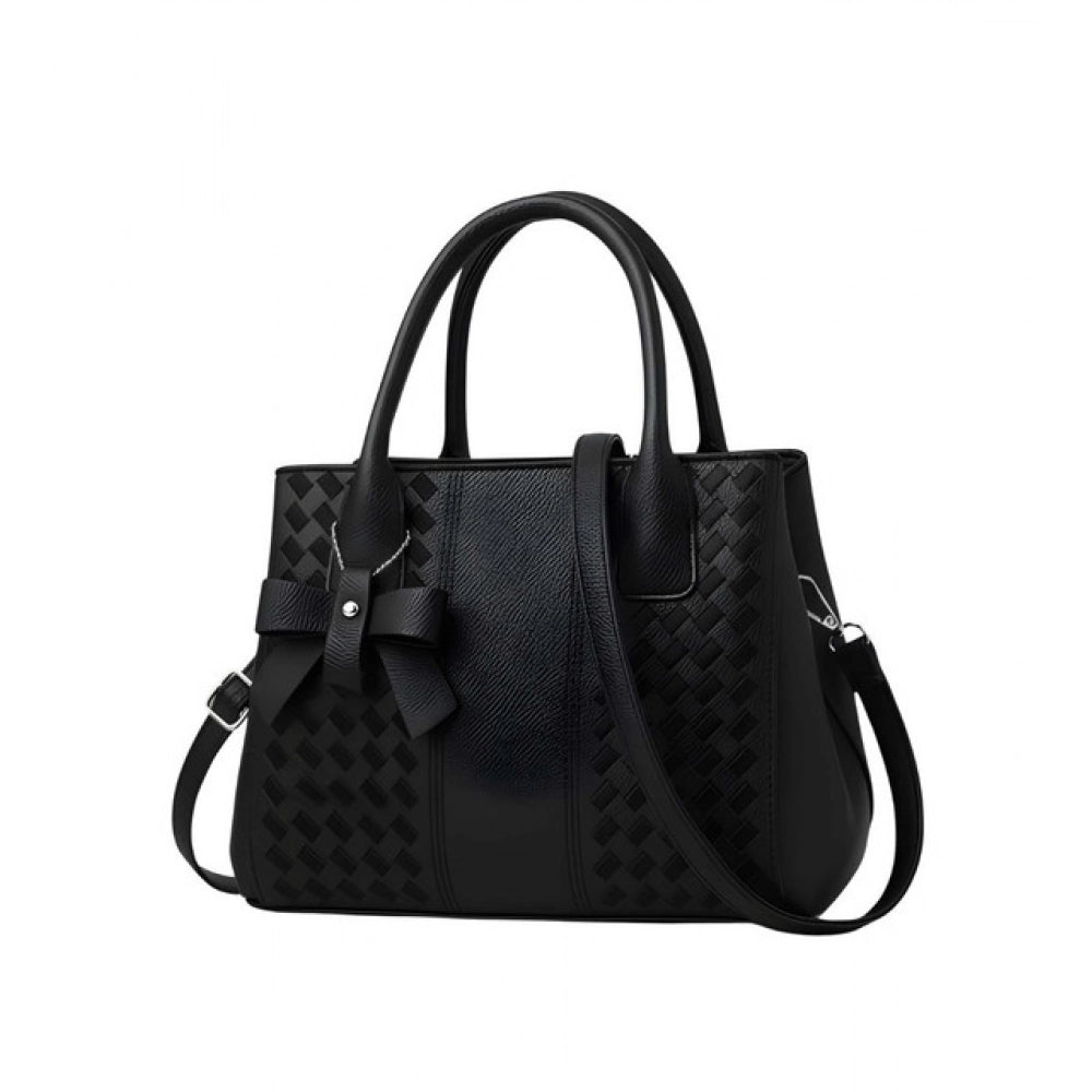 Black PU leather solid shoulder zipper handbag with 2 compartments, polyester lining, adjustable strap, and dual handle