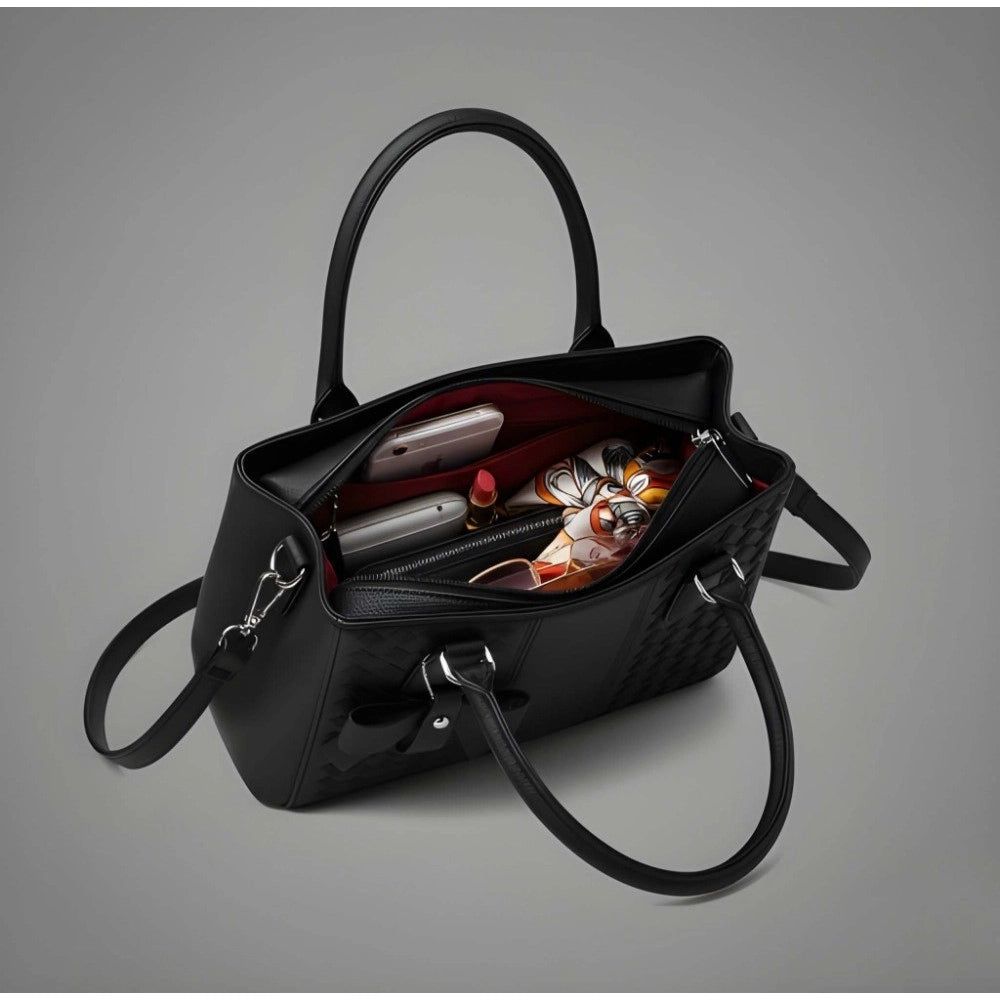 Black PU leather solid shoulder zipper handbag, durable polyester lining with adjustable and removable straps